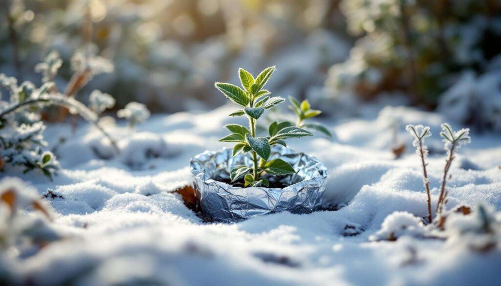 Ein einfacher Trick mit Alufolie schützt Pflanzen draußen vor Frostschäden im Winter